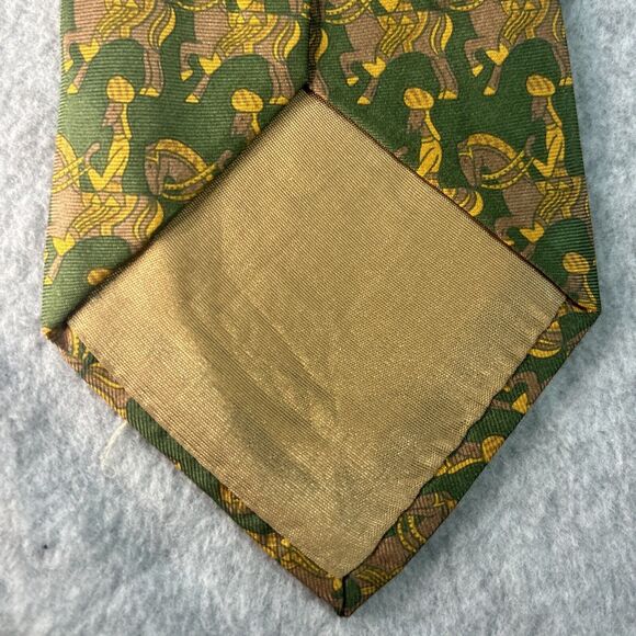 Vintage Vitaliano Pancaldi Tie Green Gold Yellow Men On Horseback Geometric - Picture 5 of 7